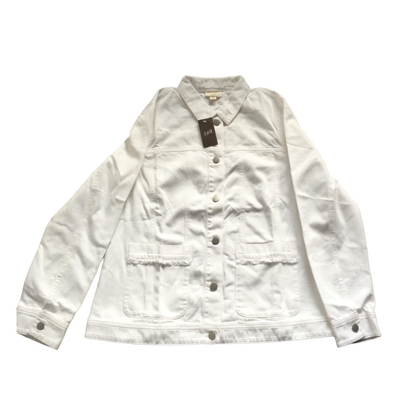 J. Jill Women's White Long Sleeve Button Front Denim Fringe Trim Jean Jacket - Picture 1 of 4